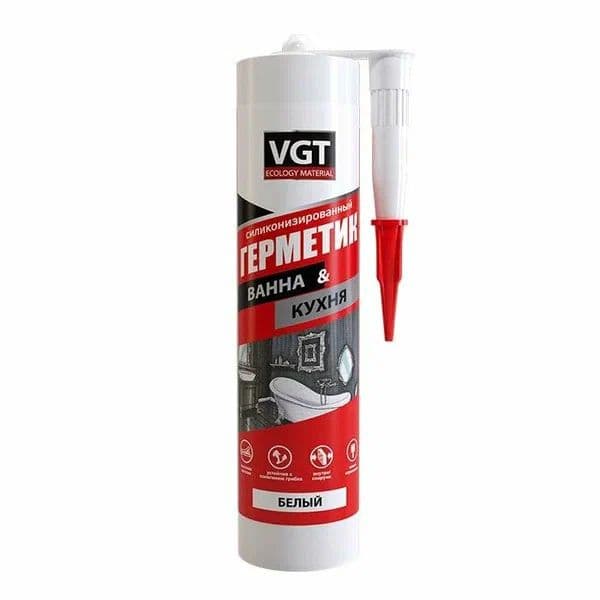 Герметик VGT/ВГТ силиконизированный для ванной и кухни, белый 0.4 кг