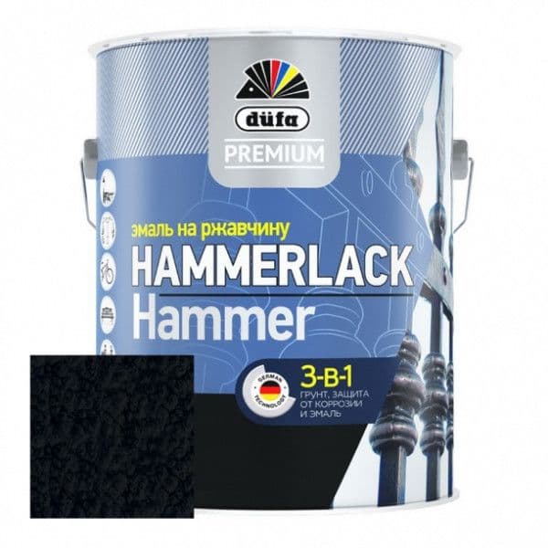 Эмаль на ржавчину Dufa Premium Hammerlack 3-в-1 молотковая черная 2,5 л. 1