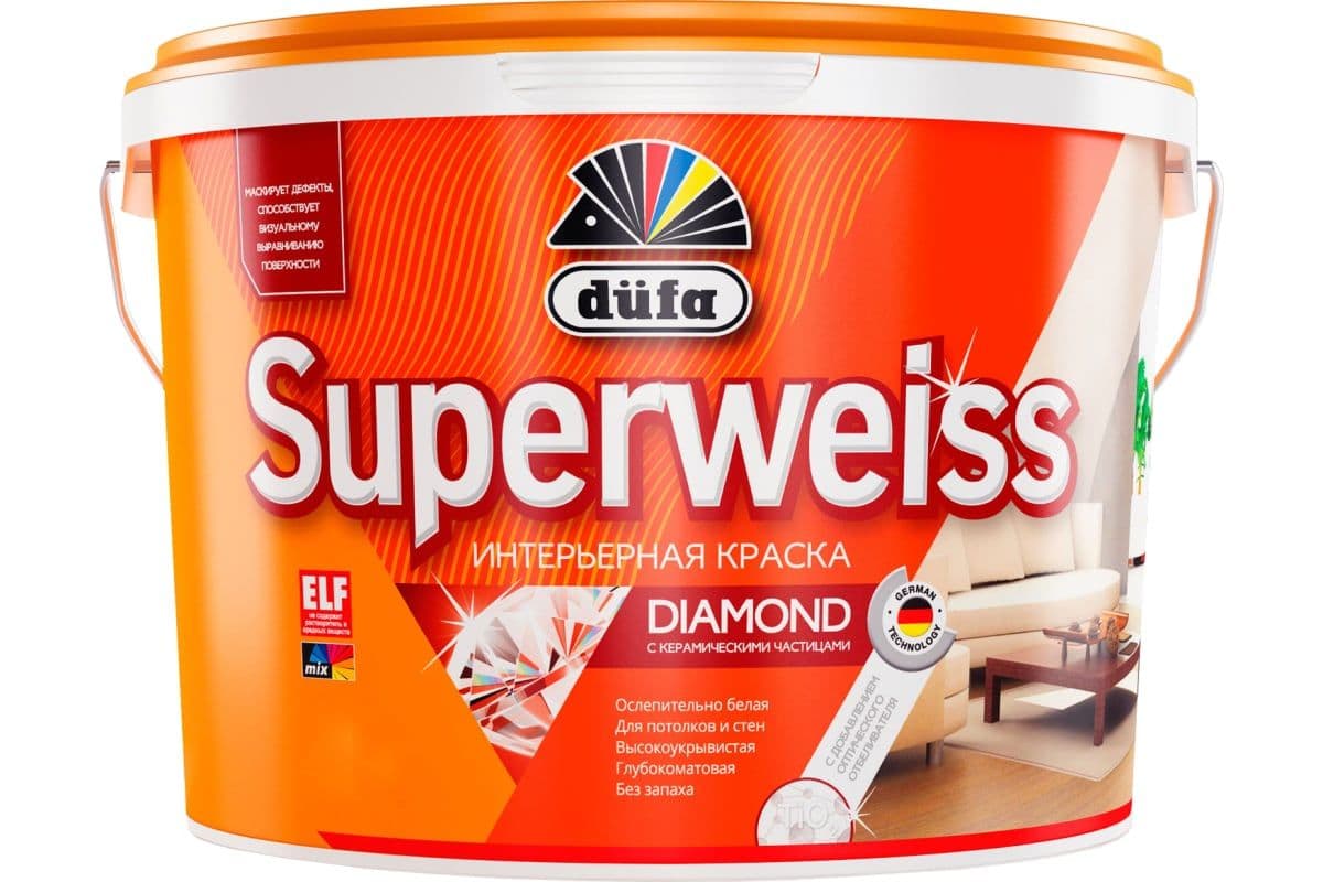 Краска для стен и потолков водно-дисперсионная Dufa Superweiss RD4 глубокоматовая белая 9 л. 1