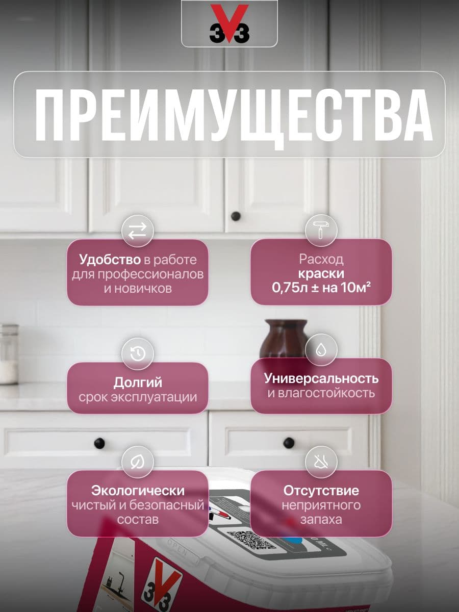 Краска для стен и мебели на кухне V33 RENOVATION PERFECTION БЕЛЫЙ 750 мл. 2