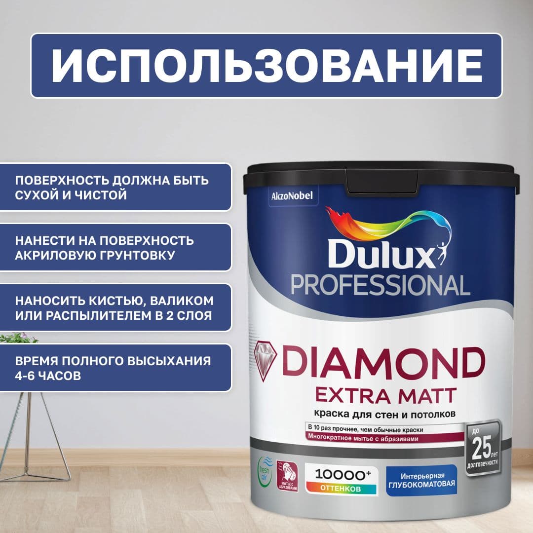 Краска для стен и потолков водно-дисперсионная Luxium Diamond Extra Matt глубокоматовая база BW 1 л 4