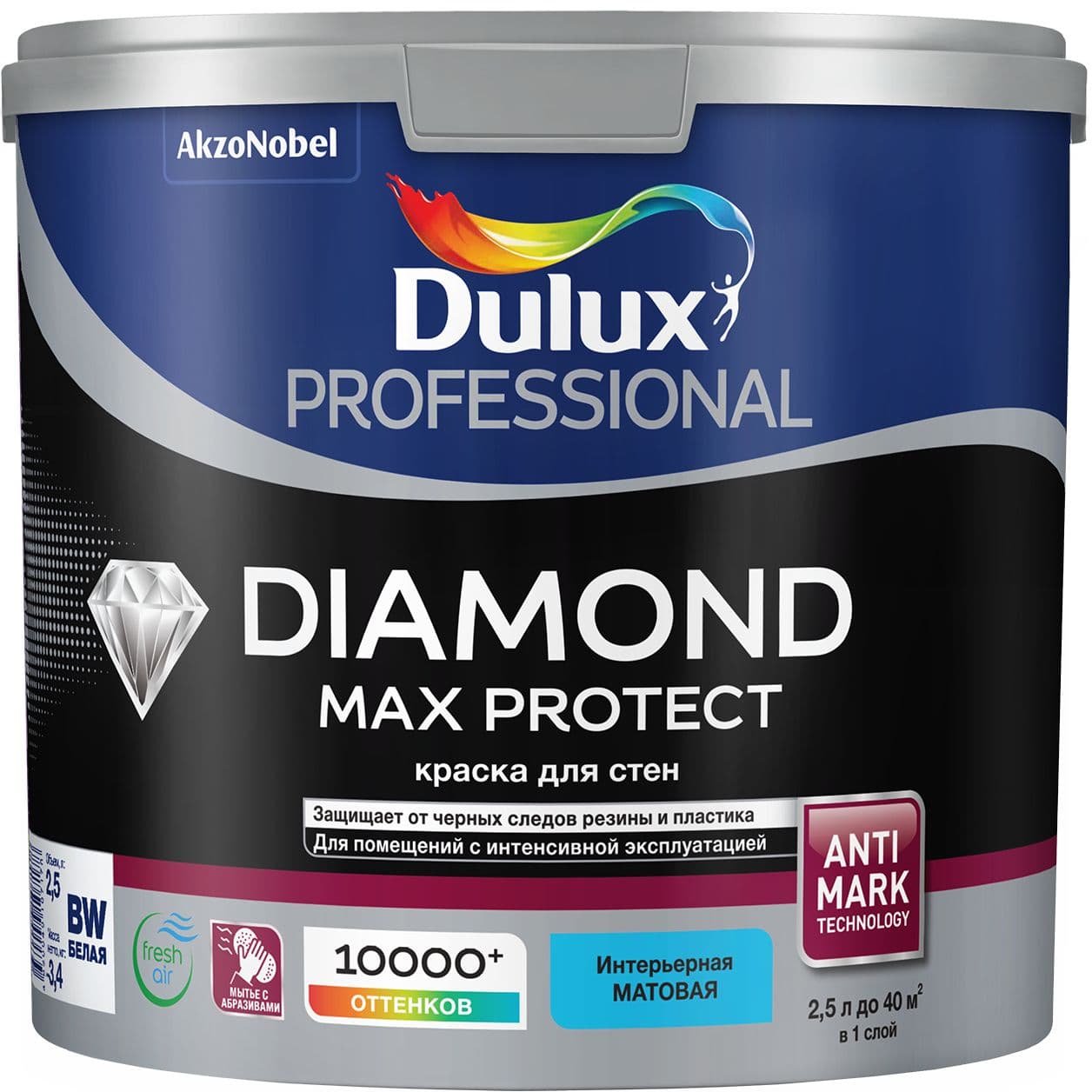 Краска для стен и потолков водно-дисперсионная Dulux / Luxium Diamond Max Protect матовая база BW 2,5 л.