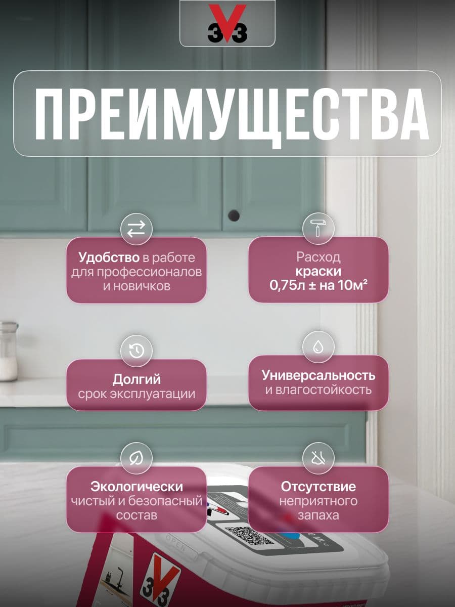 Краска для стен и мебели на кухне V33 RENOVATION PERFECTION ОЛИВА 750 мл. 2