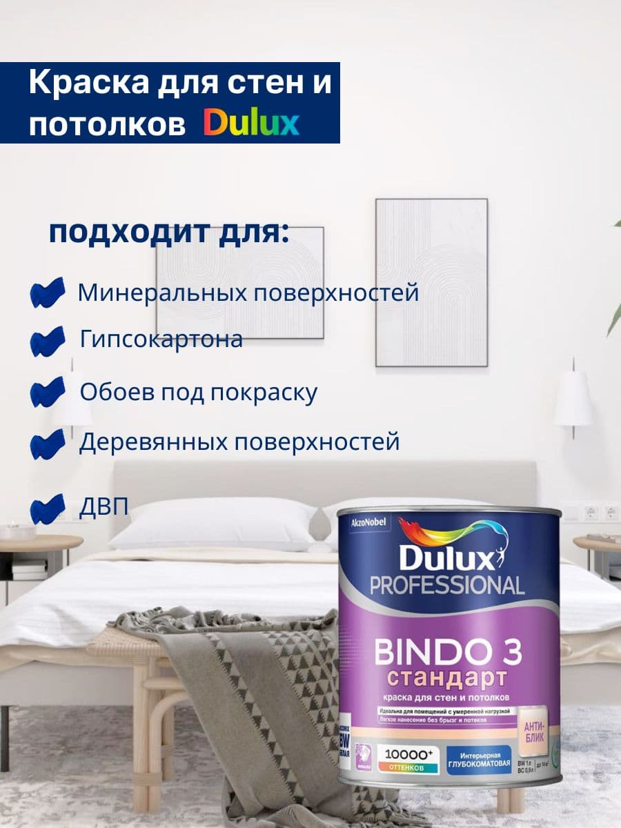 Люксиум БИНДО 3 / LUXIUM BINDO 3, краска для стен и потолков матовая , краска интерьерная для обоев белая (1л) 2