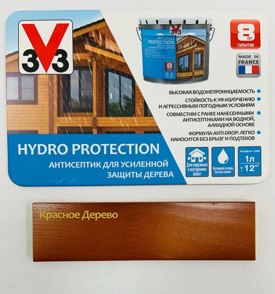 Антисептик V33 для дерева HYDRO PROTECTION полуглянцевый Красное дерево 0,9л. 2