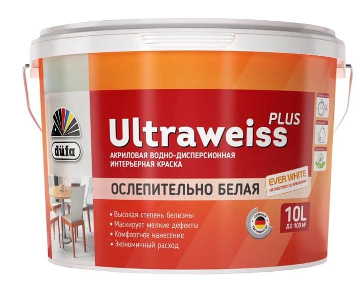 Краска для стен и потолков водно-дисперсионная Dufa Retail Ultraweiss Plus глубокоматовая 10 л.