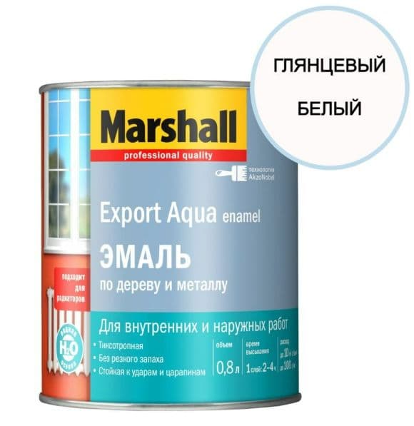Эмаль для дерева и металла водная Marshall Export Aqua глянцевая белая 0,8 л.