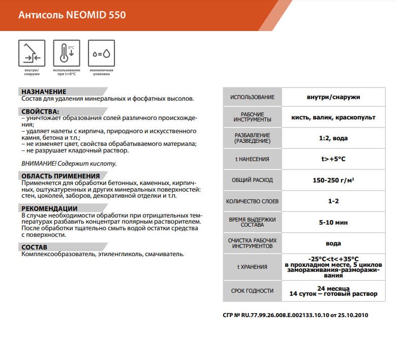 NEOMID 550 средство для очистки фасадов зданий от высолов Неомид (1л) концентрат 1:2 2