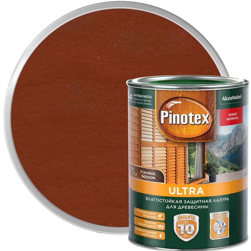 Пропитка декоративная для защиты древесины Pinotex Ultra AWB полуглянцевая красное дерево 1 л. 1
