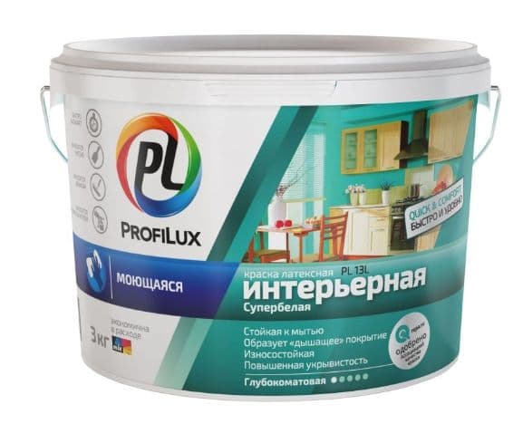Краска для стен и потолков для влажных помещений латексная Profilux PL-13L глубокоматовая супербелая база 1 14 кг.
