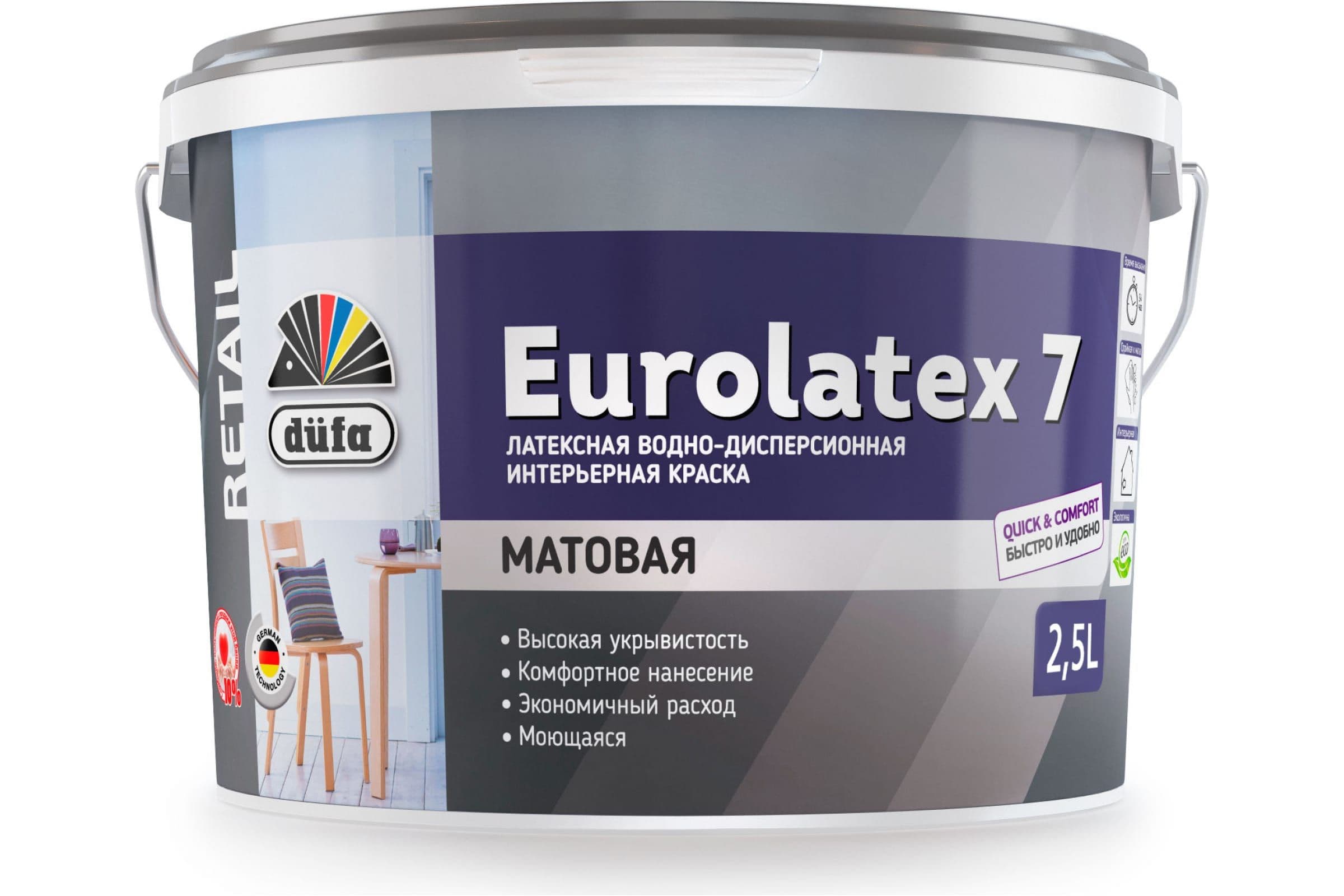 Краска для стен и потолков водно-дисперсионная Dufa Retail Eurolatex 7 матовая 2,5 л.