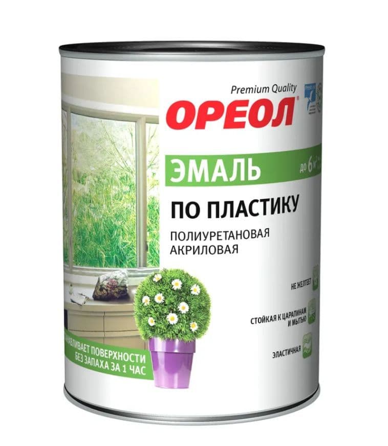 Эмаль по пластику полиуретановая акриловая Ореол полуматовая белая 0,9 кг.