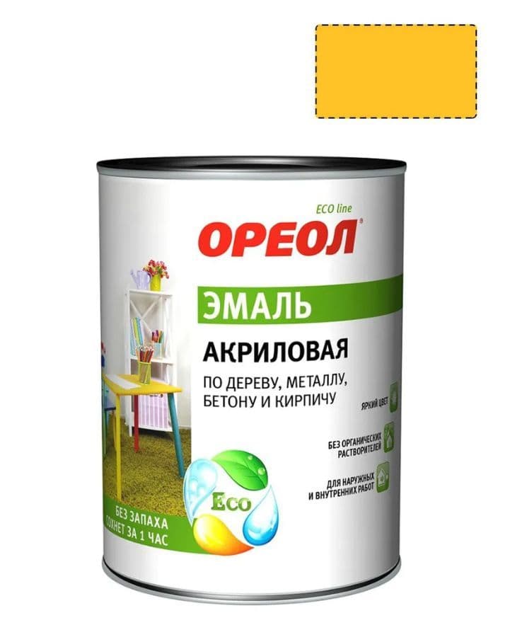 Эмаль универсальная акриловая Ореол глянцевая желтая 0,9 кг.