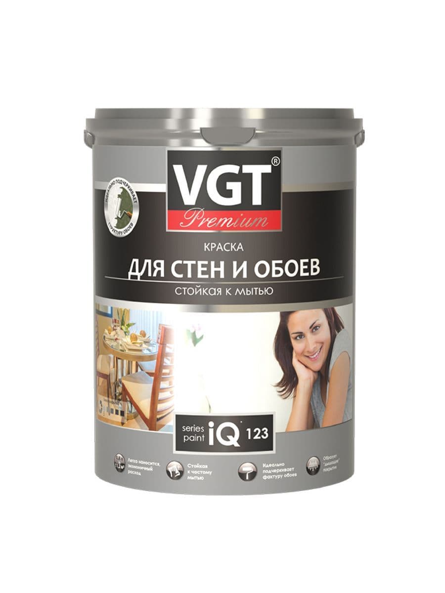 ВГТ Премиум/ Краска VGT PREMIUM для стен и обоев iQ123 стойкая к мытью база С, 2 л.