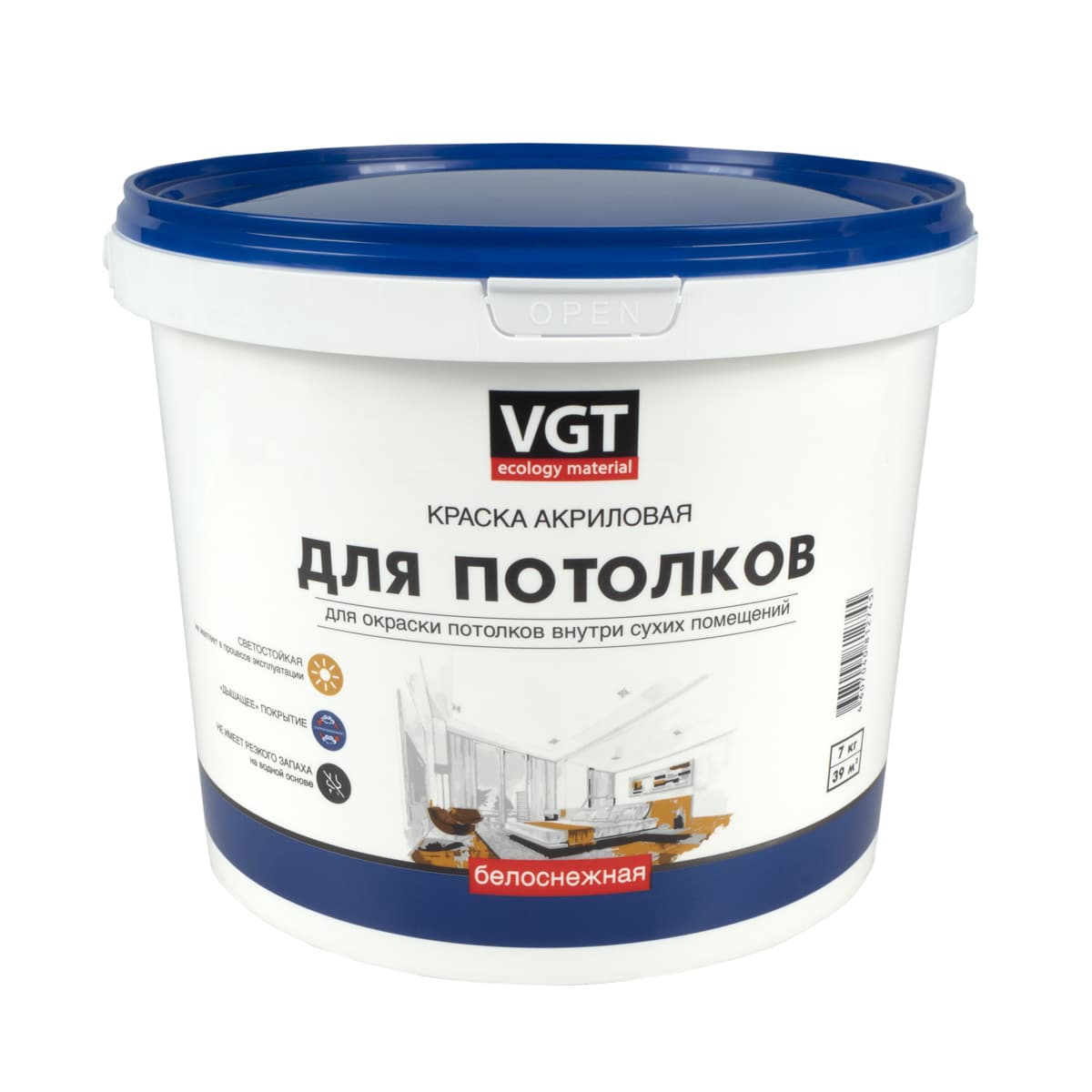 VGT/ВГТ Краска для потолков моющаяся, для внутренних работ быстросохнущая матовая без запаха интерьерная для обоев бетона кирпича белая (7 кг)