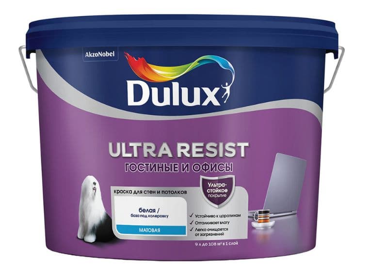 Краска для стен и потолков латексная Dulux Ultra Resist Для Гостиной и Офиса матовая база BW 9 л.
