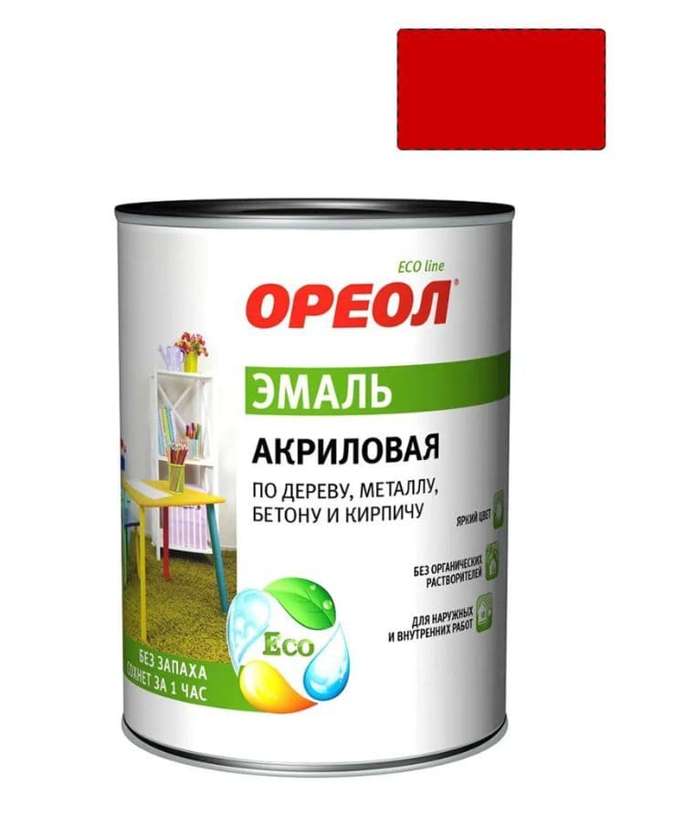 Эмаль универсальная акриловая Ореол глянцевая красная 0,9 кг.
