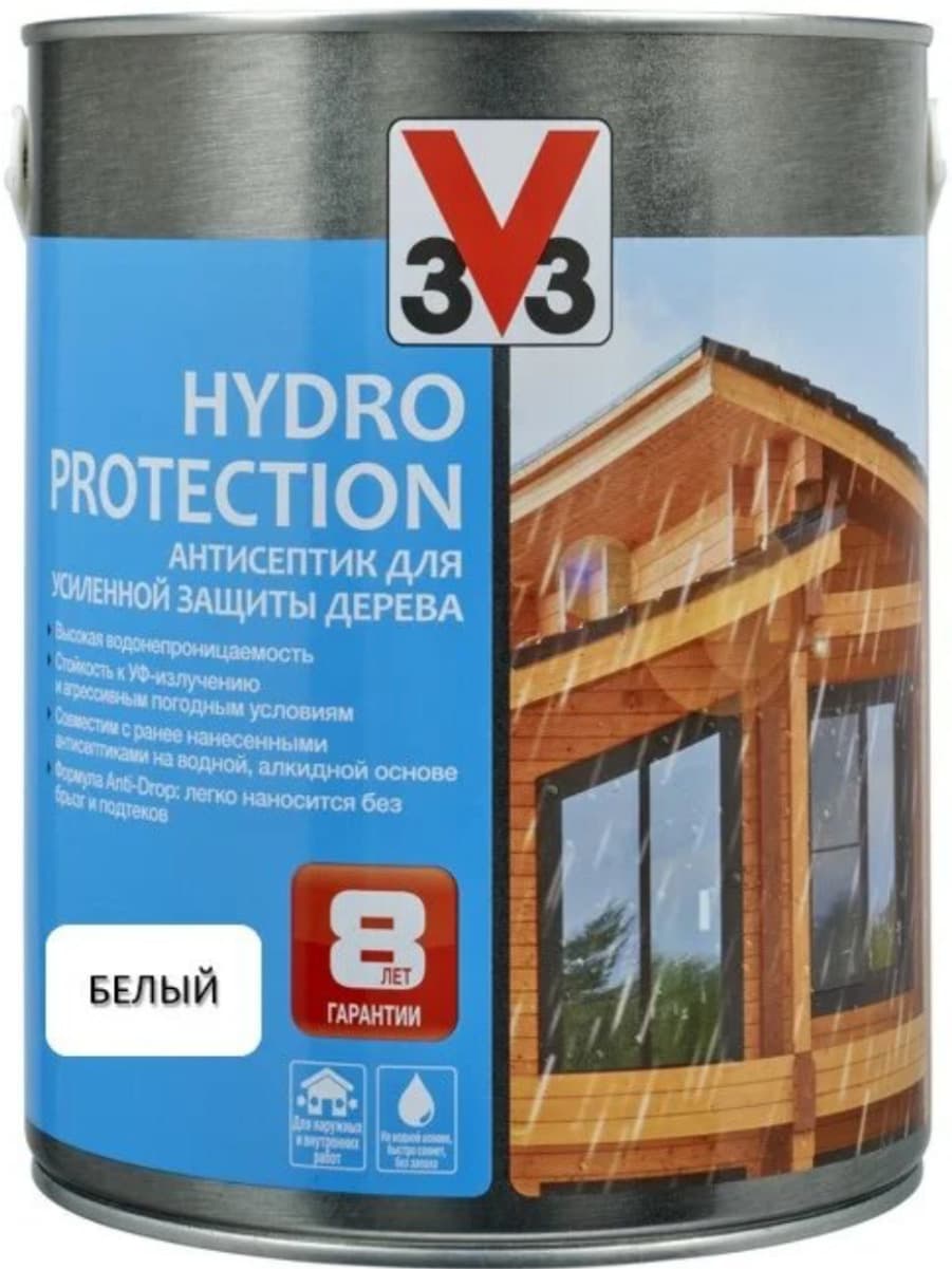 Антисептик V33 для дерева HYDRO PROTECTION полуглянцевый Белый 2,5л.