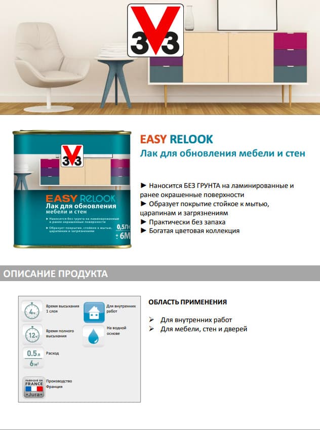 Лак мебельный акриловый EASY RELOOK полуматовый фиолетовый 0,5л 4