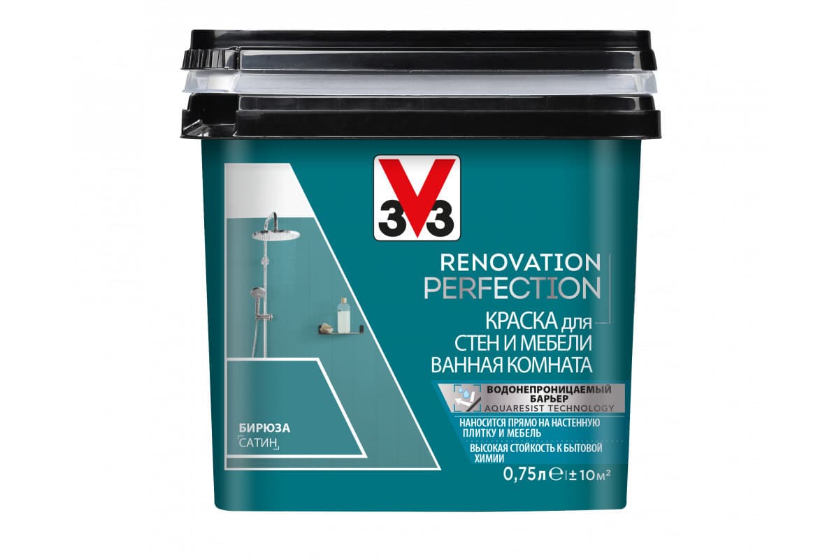Краска для стен и мебели ванная комната RENOVATION PERFECTION БИРЮЗА 750 мл. 1