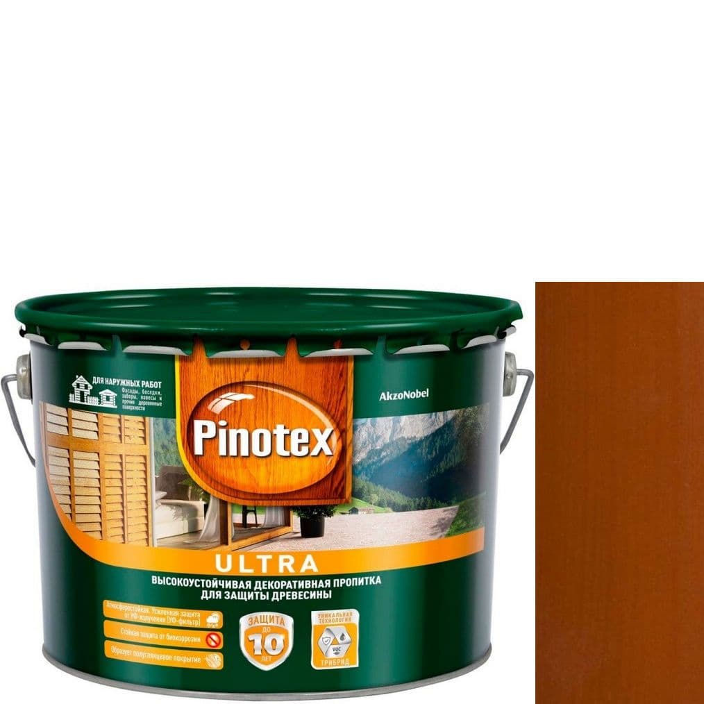 Пропитка декоративная для защиты древесины Pinotex Ultra AWB полуглянцевая тик 9 л. 1