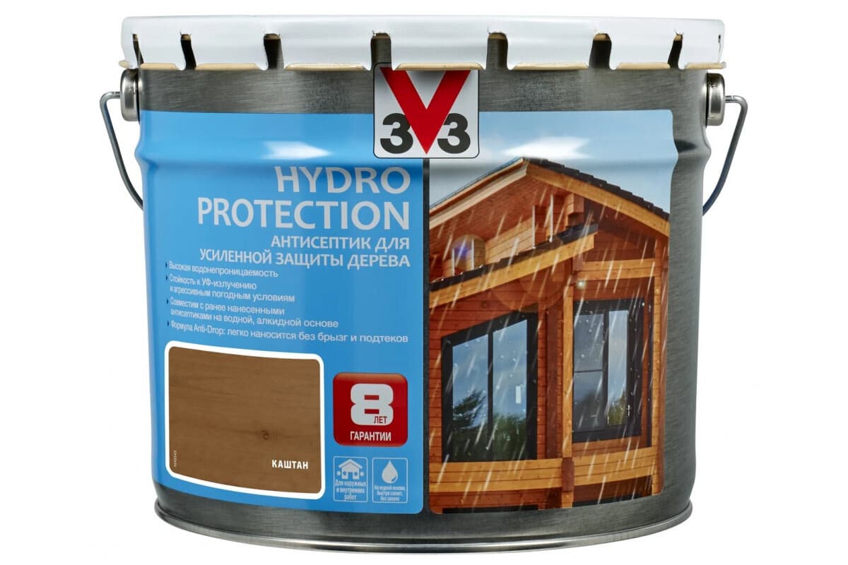 Антисептик пропитка V33 для дерева HYDRO PROTECTION Каштан 9 литров 1