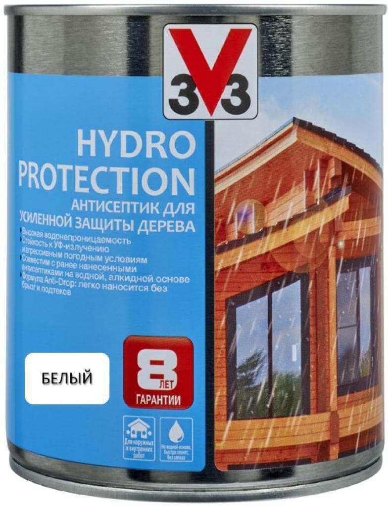 Антисептик V33 для дерева HYDRO PROTECTION полуглянцевый Белый 0,9л.