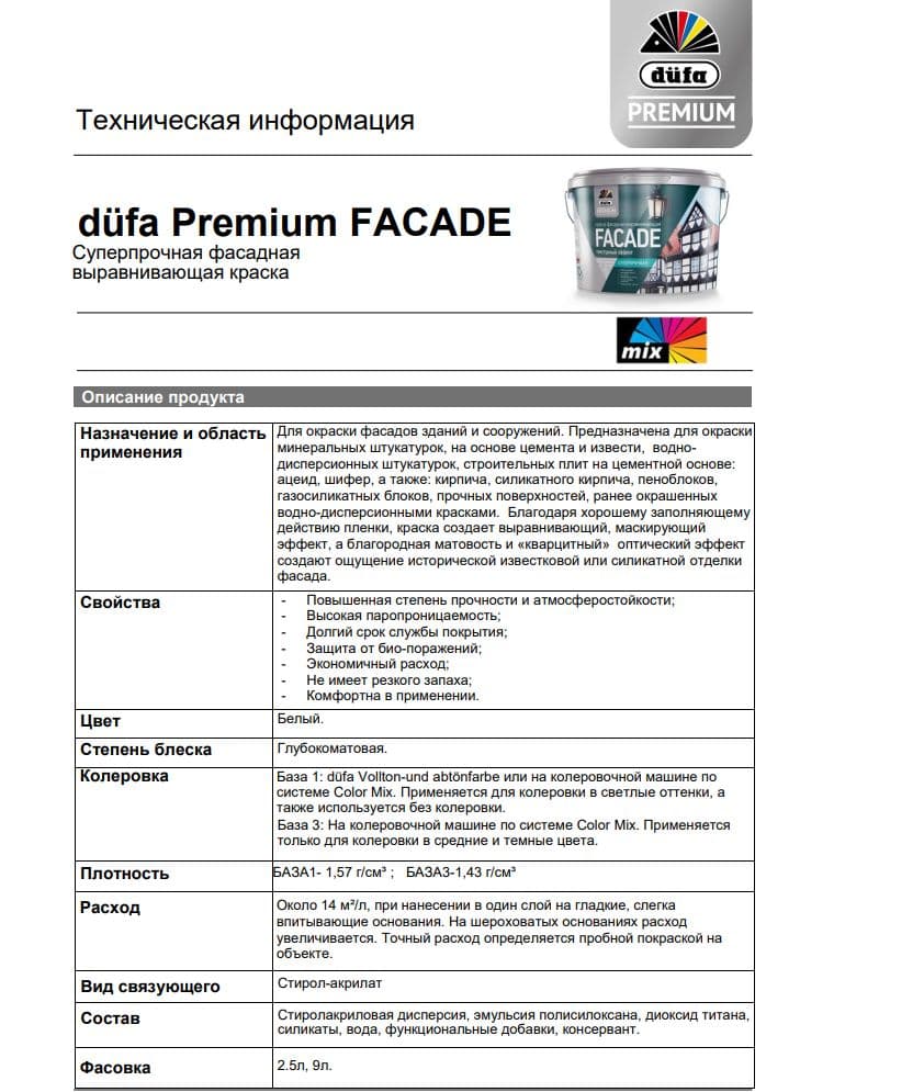 Краска фасадная акриловая суперпрочная Dufa Premium Facade глубокоматовая база 1 9 л. 2