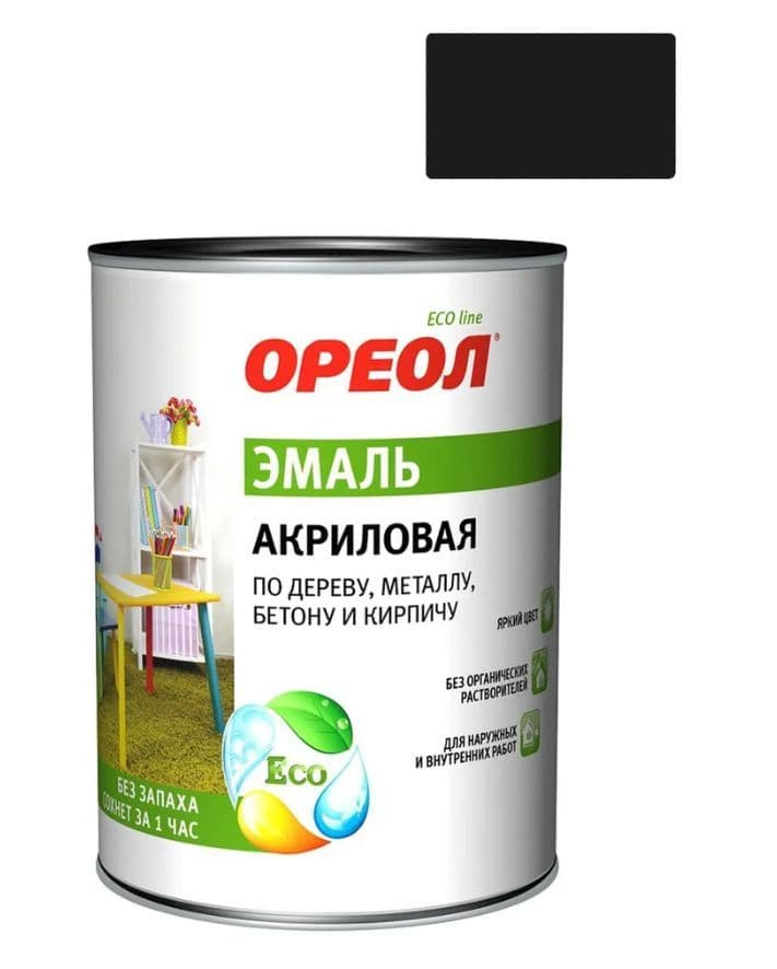 Эмаль универсальная акриловая Ореол глянцевая черная 1,9 кг.