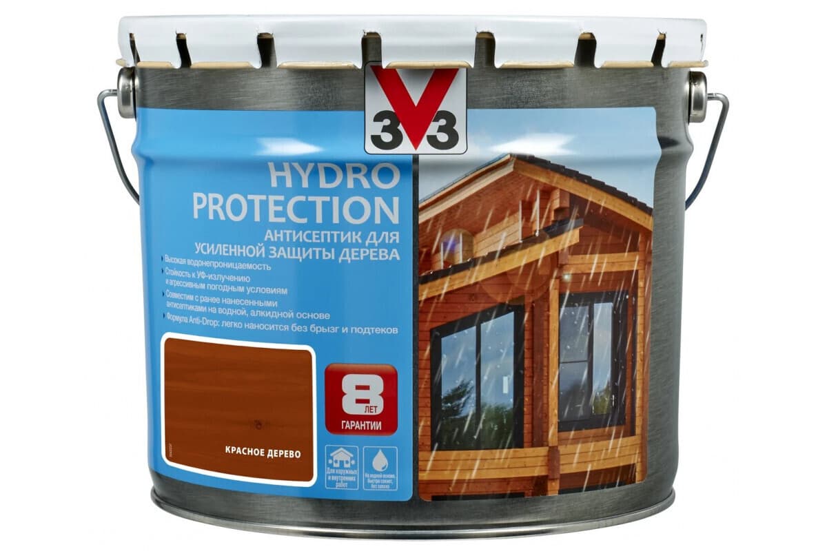 Антисептик V33 для дерева HYDRO PROTECTION Красное дерево 9 литров