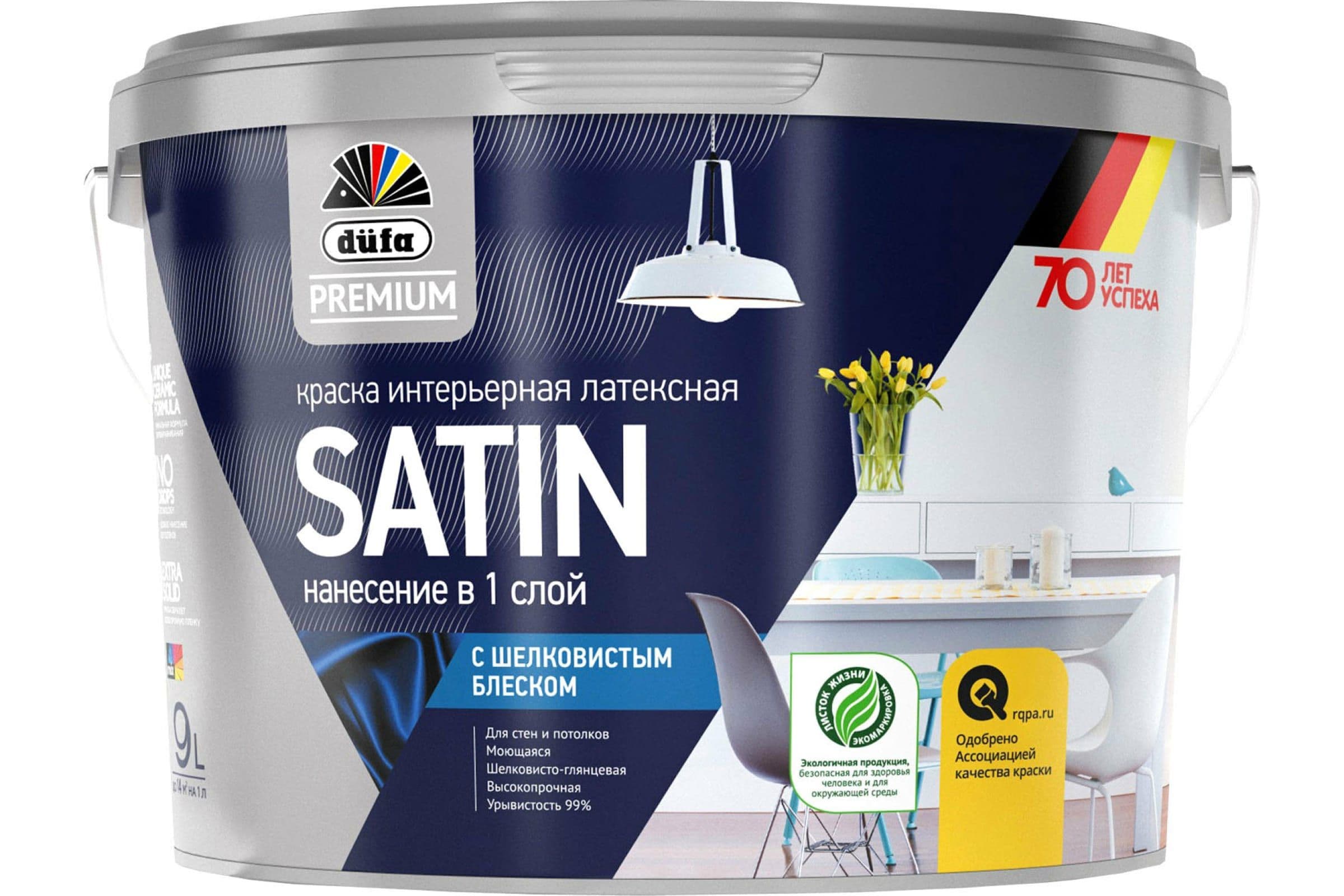 Краска для стен и потолков латексная Dufa Premium Satin Интерьерная средне глянецевая белая 9 л.