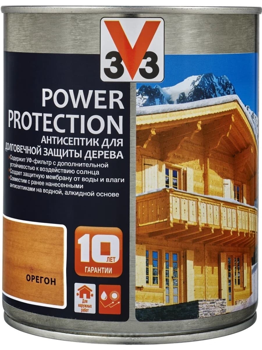Антисептик V33 для дерева POWER PROTECTION полуглянцевый Орегон 0,9л. 1