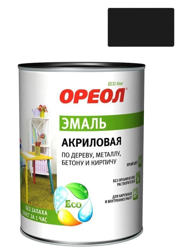 Эмаль универсальная акриловая Ореол глянцевая черная 0,9 кг.