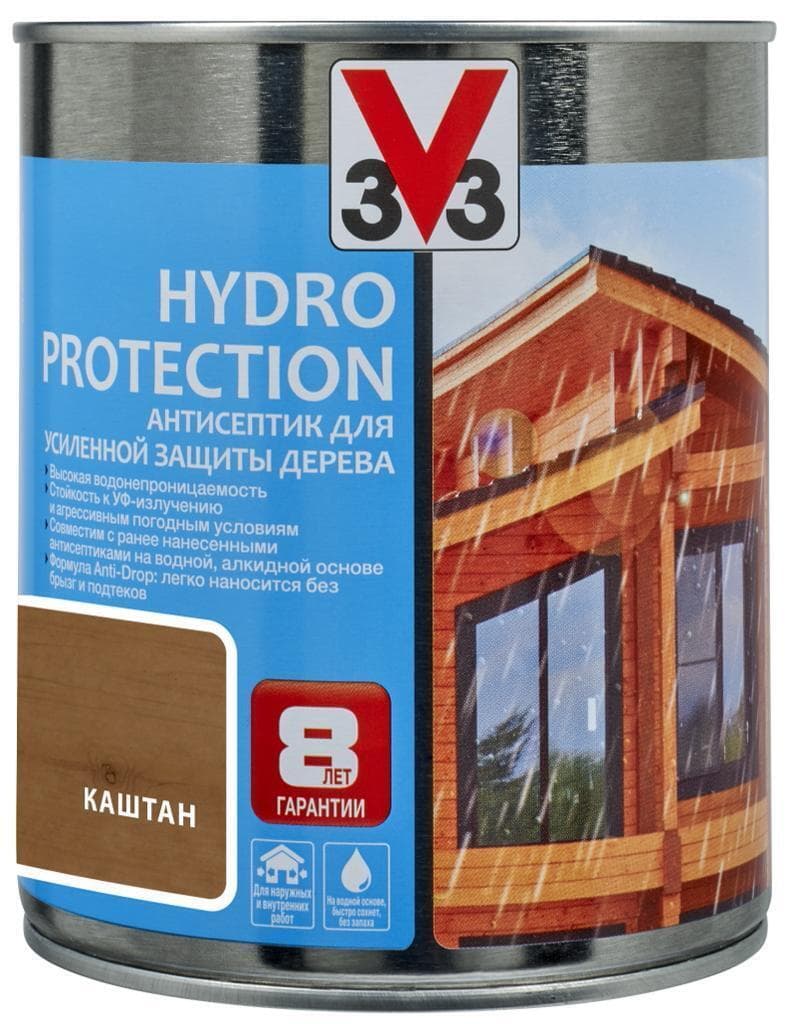 Антисептик V33 для дерева HYDRO PROTECTION полуглянцевый Каштан 0,9л.