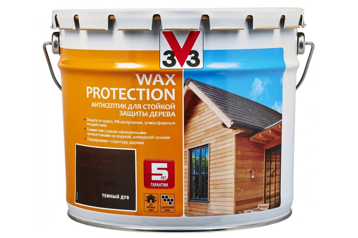 Антисептик для дерева V33 с добавлением воска WAX PROTECTION Темный дуб 9 л. 1