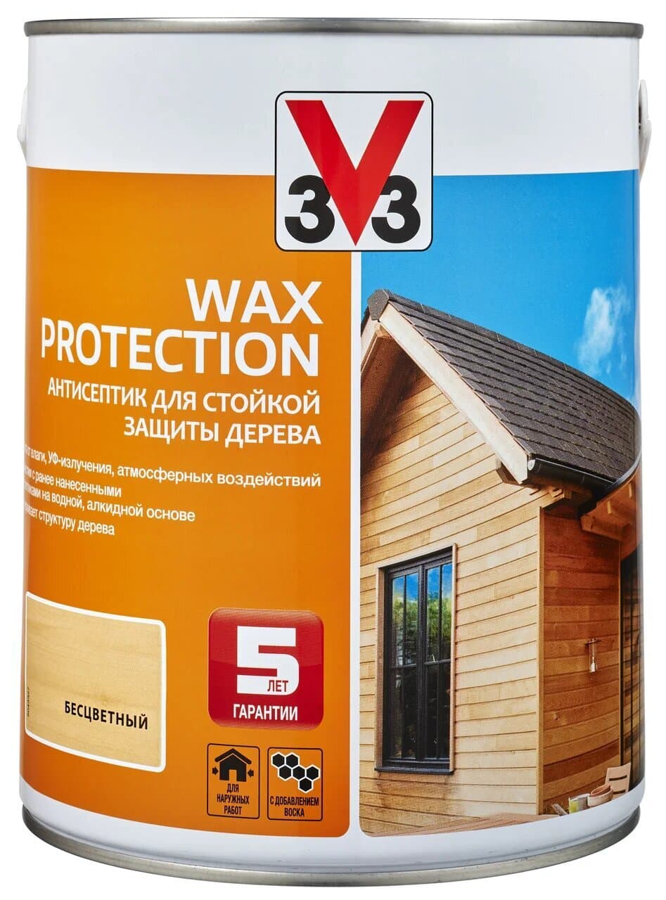 Антисептик для дерева V33 с добавлением воска "WAX protection" Бесцветный 0,9 л. 1