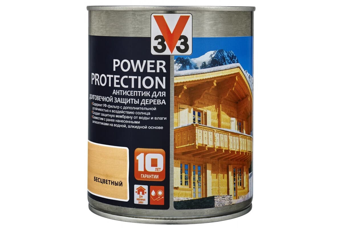 Антисептик V33 для дерева POWER PROTECT полуглянцевый Бесцветный 0,9л. 1