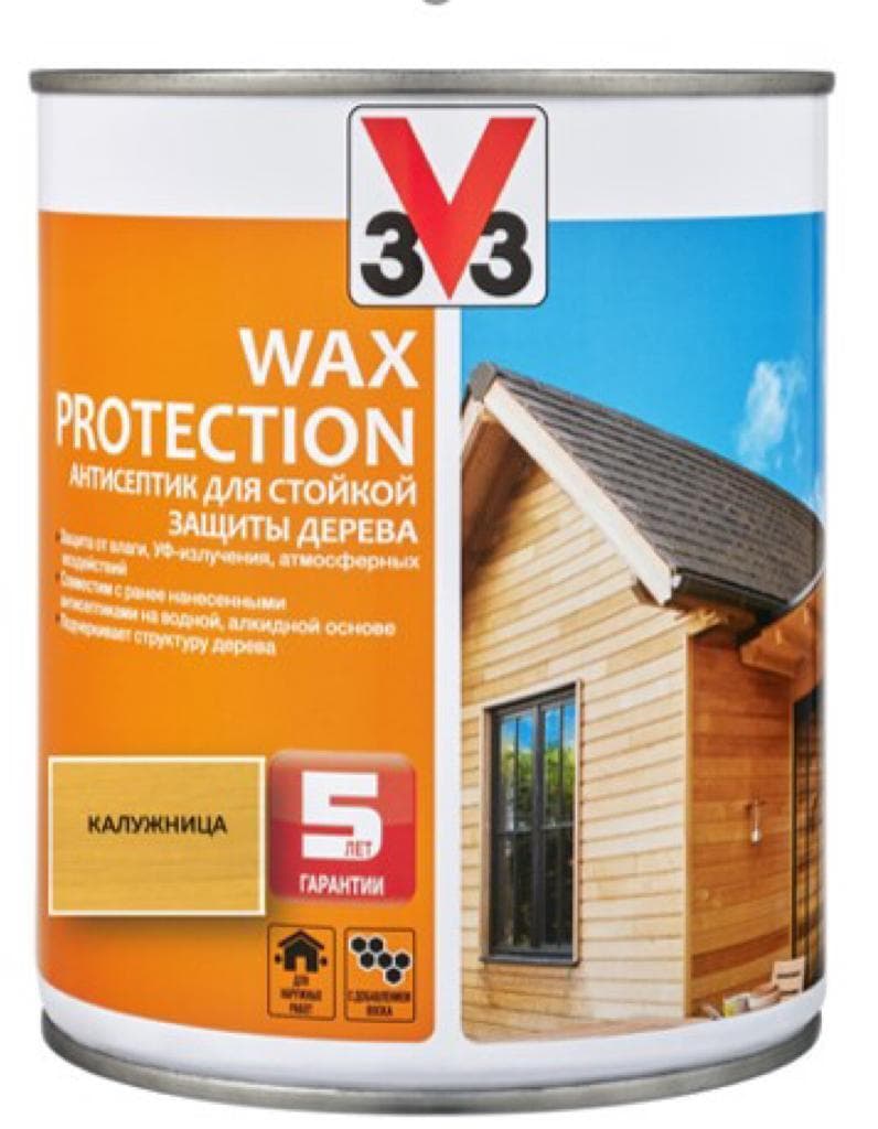 Антисептик для дерева V33 с добавлением воска WAX PROTECTION полуглянец Калужница 0,9л 1