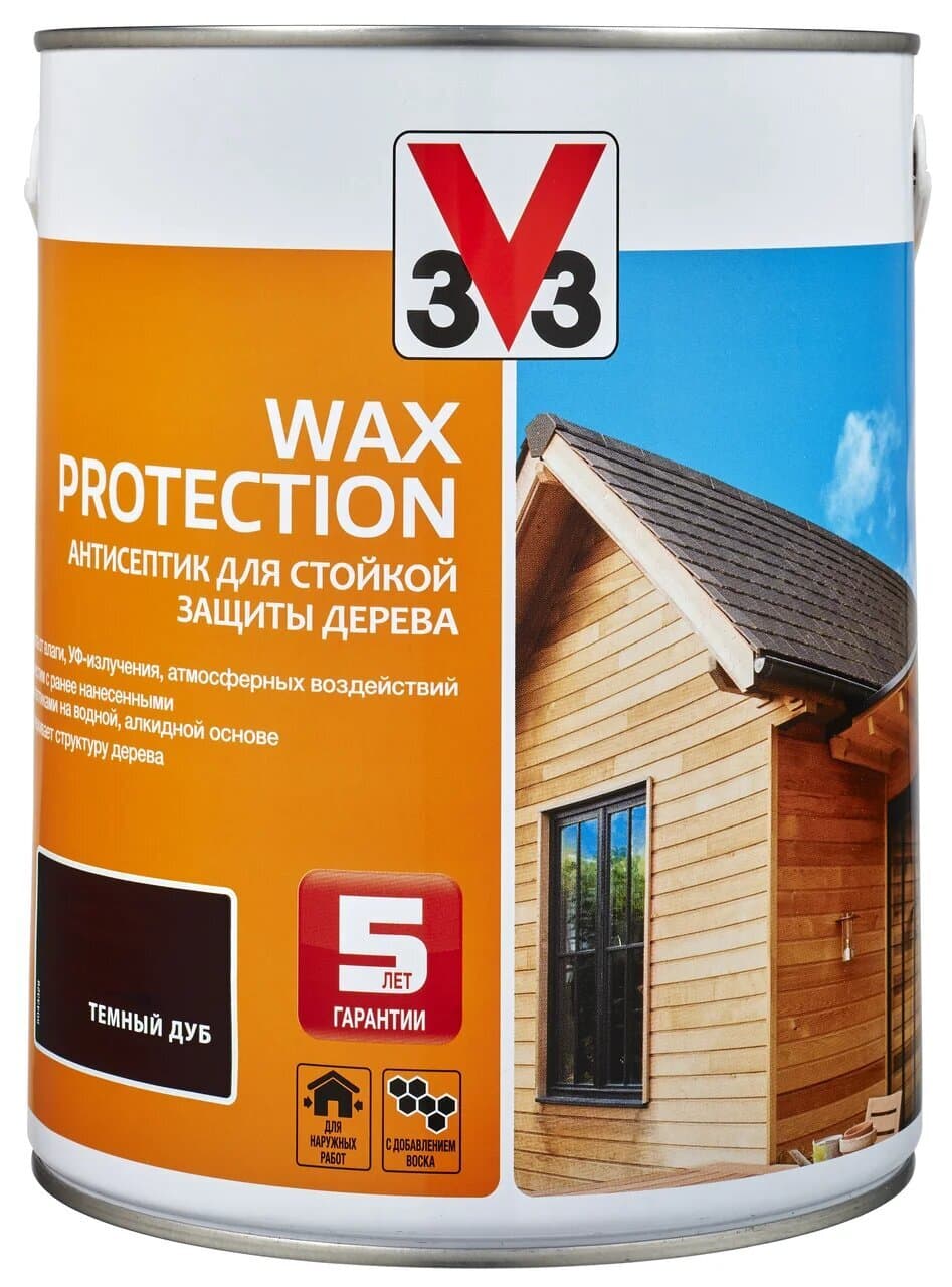 Антисептик для дерева V33 с добавлением воска "WAX protection" Темный дуб 0,9 л. 1