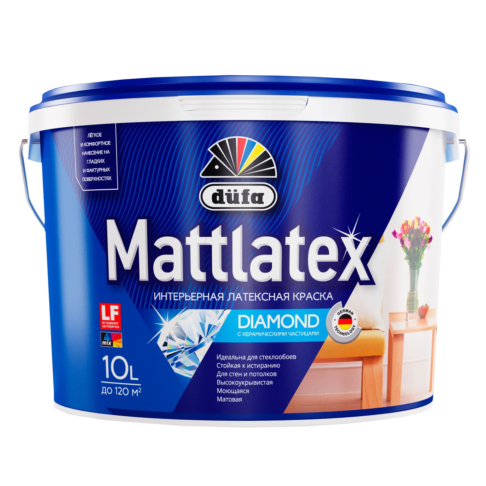 Краска для стен и потолков для влажных помещений латексная Dufa Mattlatex D100 матовая белая 10 л.
