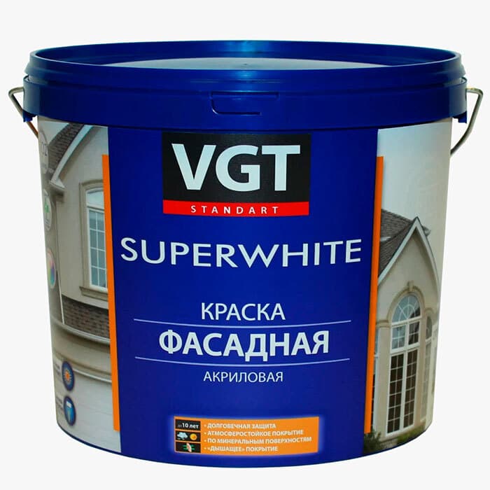 Краска фасадная VGT/ВГТ ВД-АК 1180 акриловая для наружных работ СУПЕРБЕЛАЯ, 3 кг 1