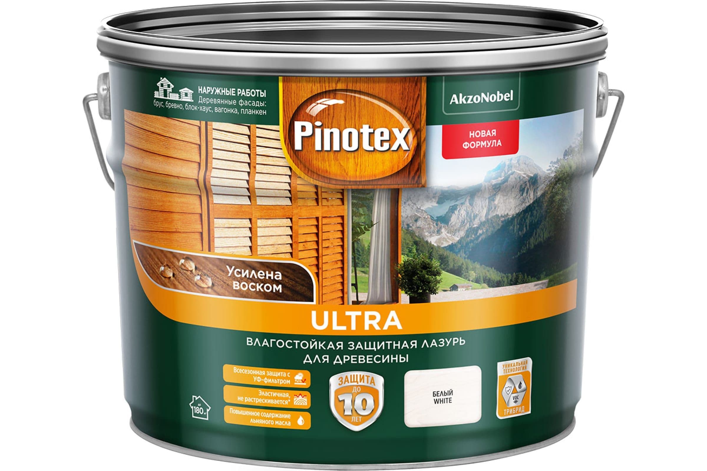 Пропитка декоративная для защиты древесины Pinotex Ultra AWB полуглянцевая белая 9 л. 2