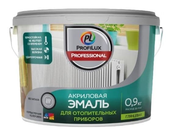 Эмаль для радиаторов акриловая Profilux Professional глянцевая белая 0,9 кг.