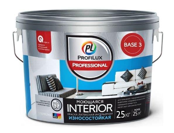 Краска для стен и потолков для влажных помещений латексная Profilux Professional Interior моющаяся матовая база 3 2,5 кг.