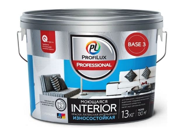Краска для стен и потолков для влажных помещений латексная Profilux Professional Interior моющаяся матовая база 3 13 кг.