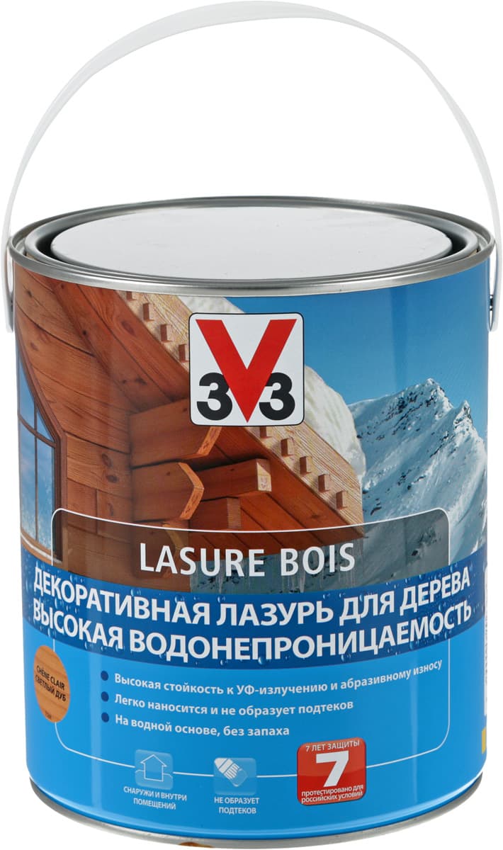 Лазурь для дерева V33 "Высокая водонепроницаемость", декоративная, на водной основе, цвет: дуб светлый, 2,5 л 1