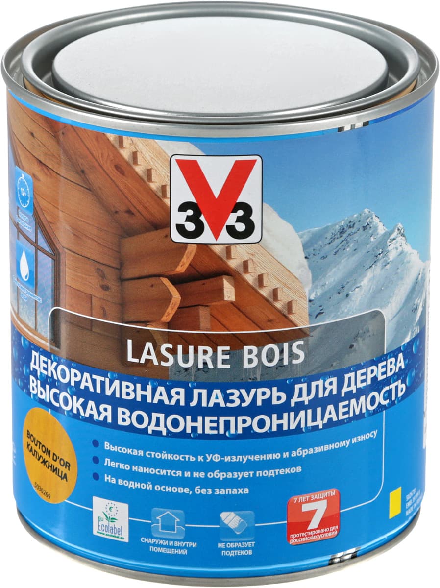 Лазурь для дерева V33 "Высокая водонепроницаемость", декоративная, на водной основе, цвет: калужница, 0,75 л 1