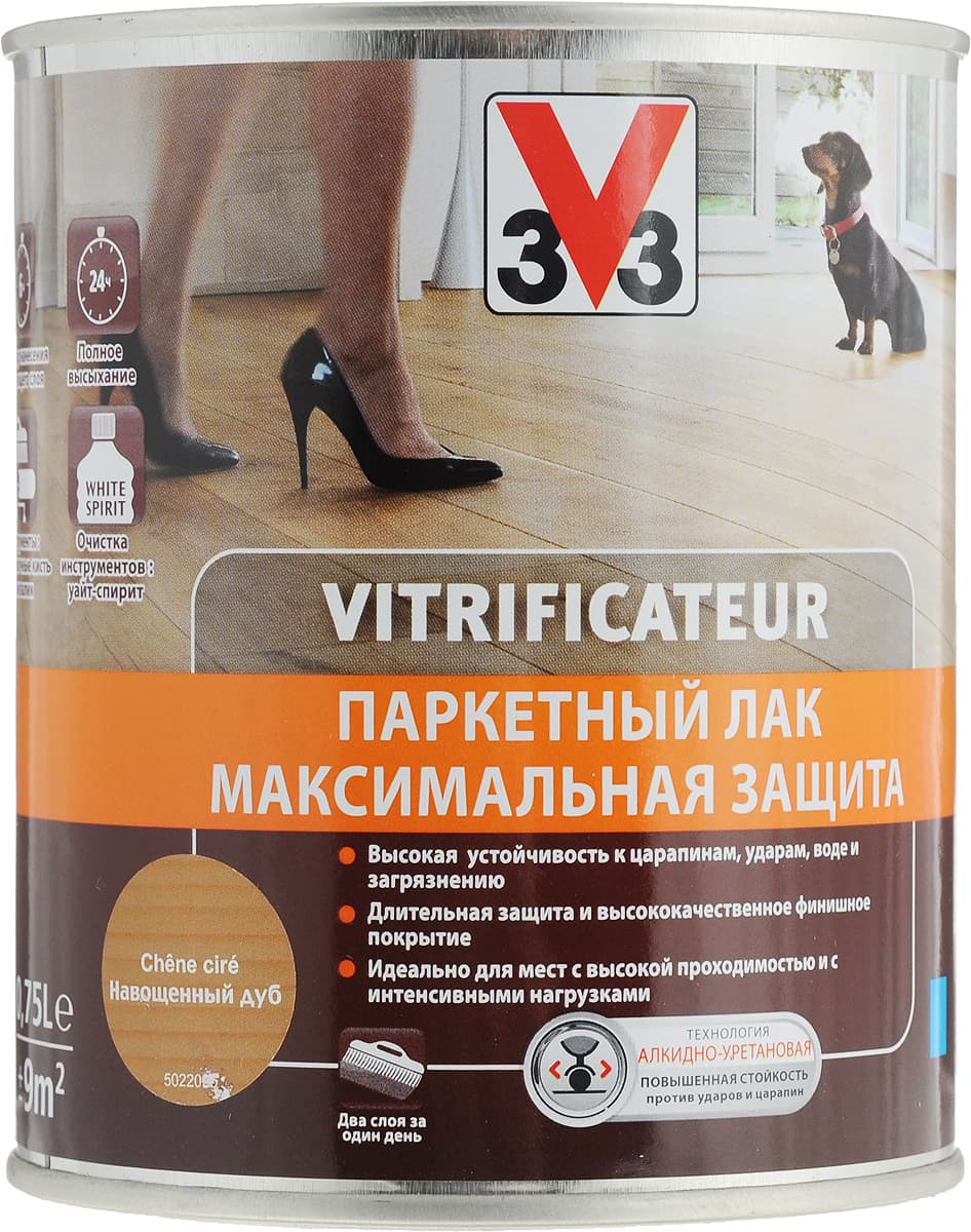 Лак паркетный V33 "Максимальная защита", цвет: навощенный дуб, 0,75 л 1