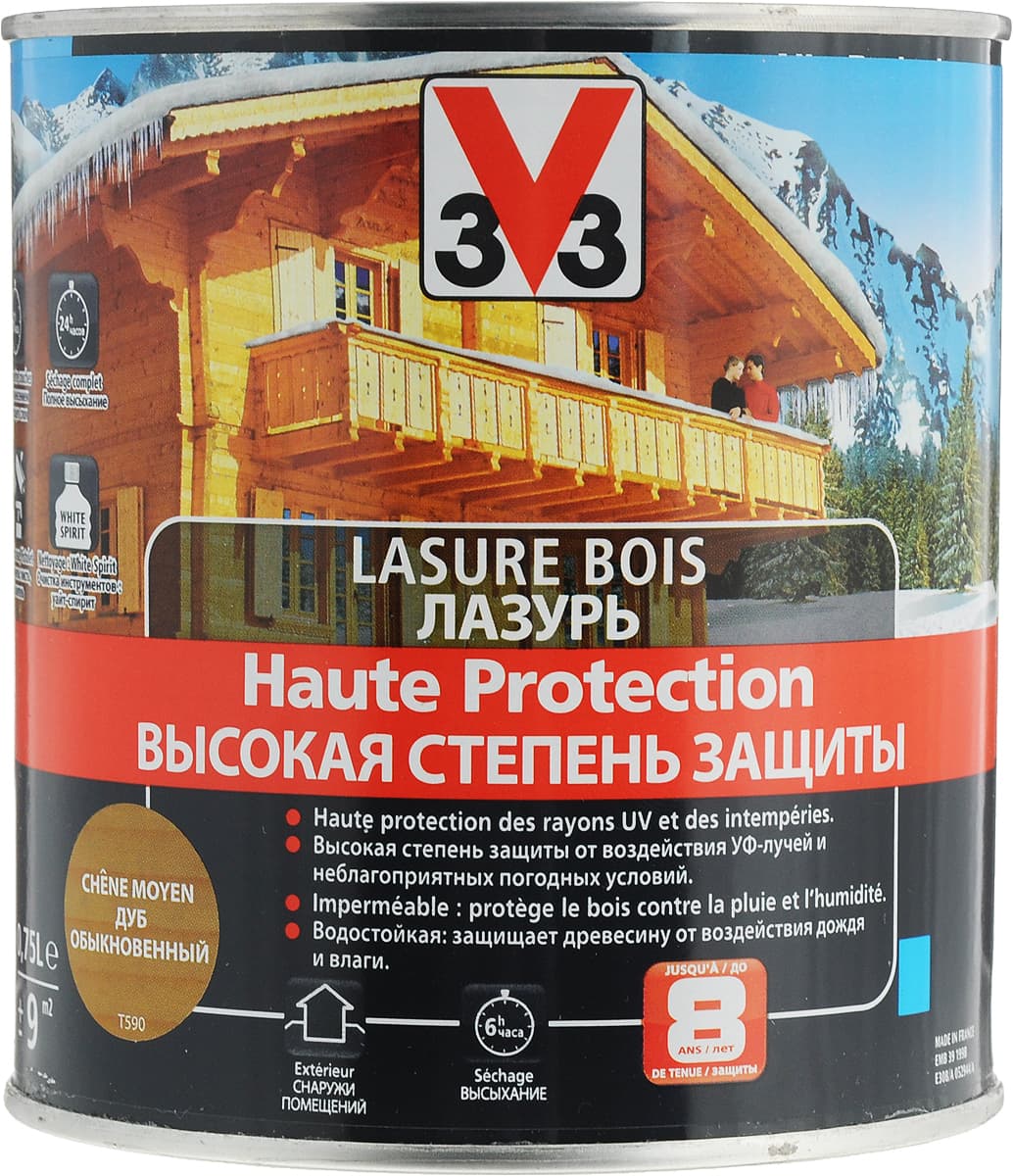 Лазурь для защиты древесины V33 "Высокая степень защиты", декоративная, цвет: дуб средний, 0,75 л 1