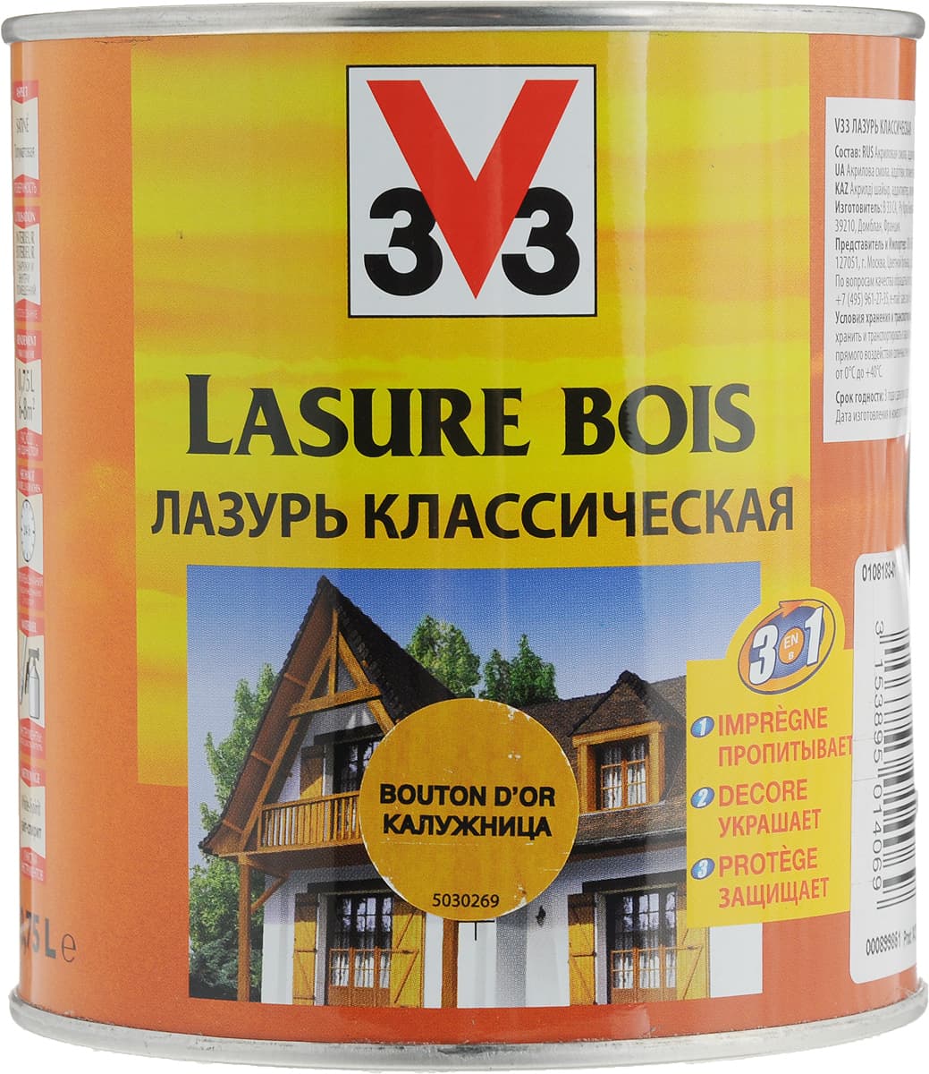 Лазурь для защиты древесины V33 "Классическая", декоративная, цвет: калужница, 0,75 л 1